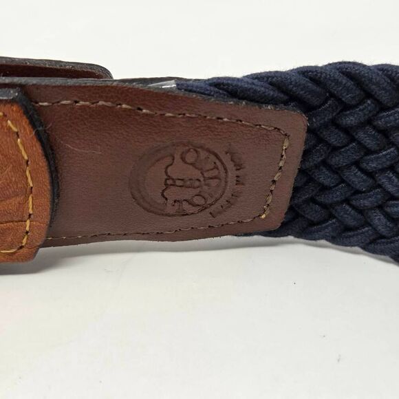 TORINO BROWN LEATHER NAVY BLUE COTTON WOVEN SILVER BUCKLE MENS BELT SIZE 44 - Picture 3 of 5
